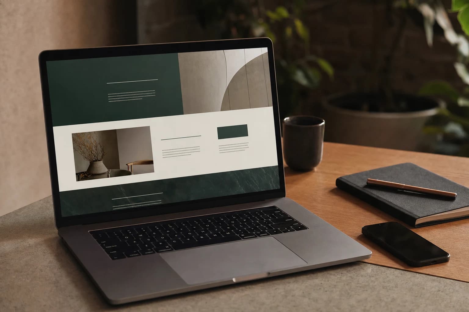 Laptop showing a deep green and paper-toned website layout on a desk