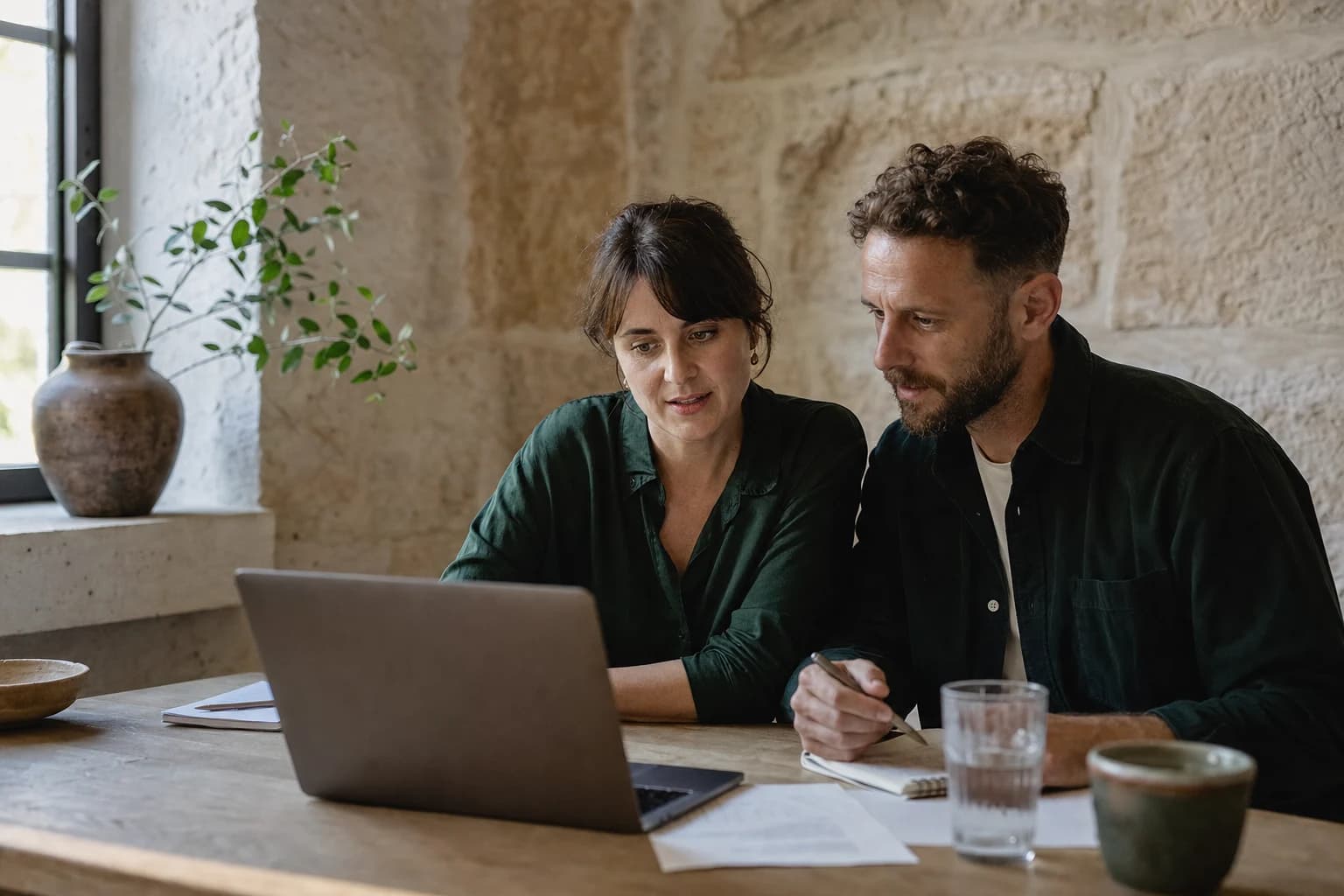 Two people reviewing a digital project together at a table